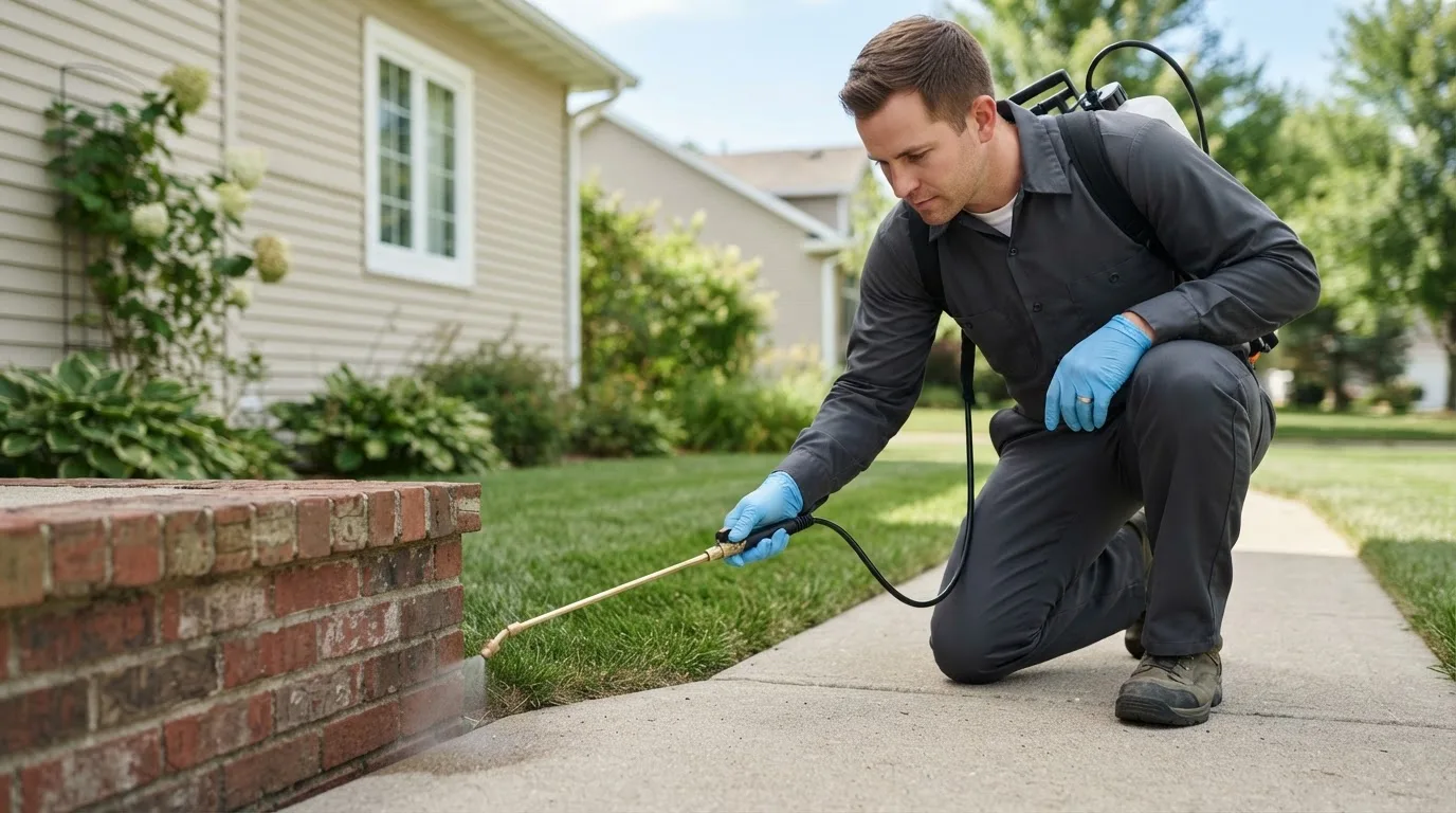 Pest control technician treating a home near Lincoln City, IN
